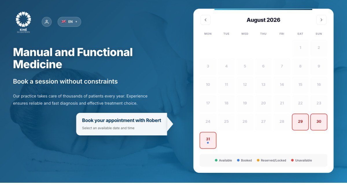 Kiné du Quotidien practice page: the “Manual and Functional Medicine” headline and the August 2026 booking calendar with a legend of slot states
