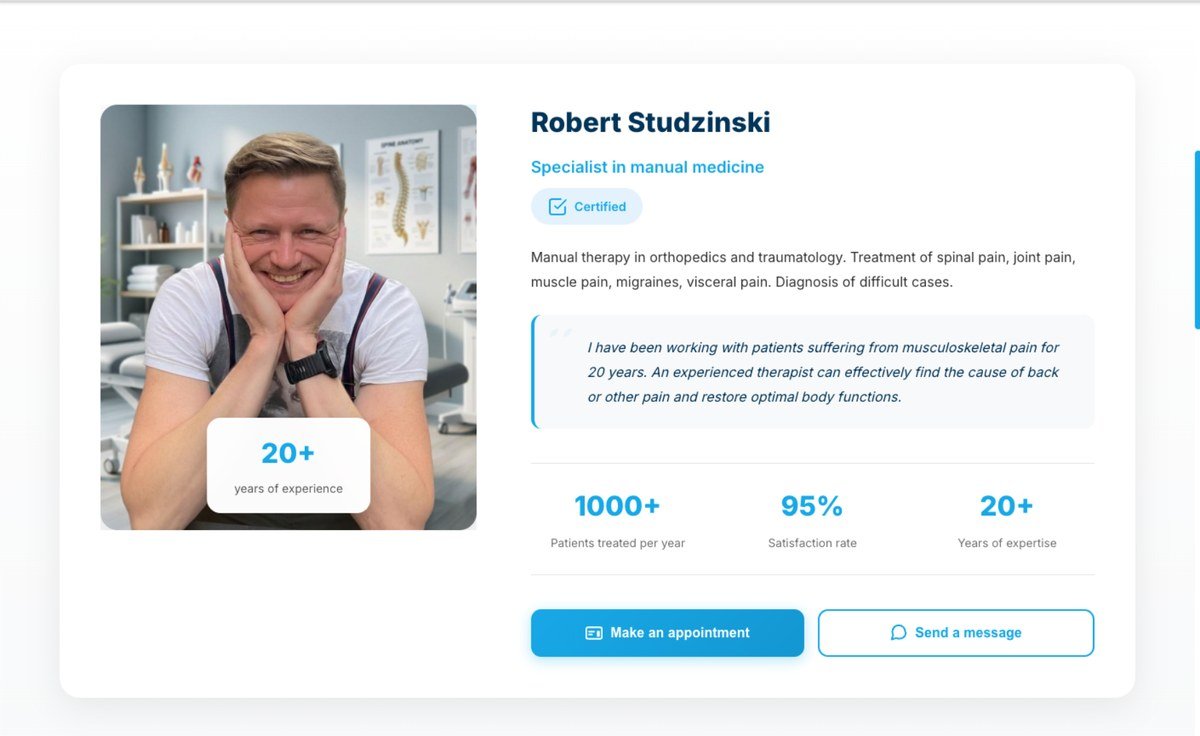 Therapist profile for Robert Studzinski: specialisation, certification, 1000+ patients a year, 95% satisfaction, 20+ years of experience, appointment and message buttons