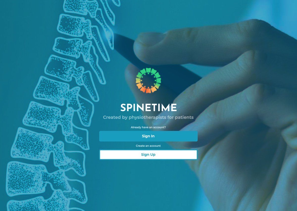 SpineTime welcome screen - “Created by physiotherapists for patients” - with sign-in and sign-up buttons