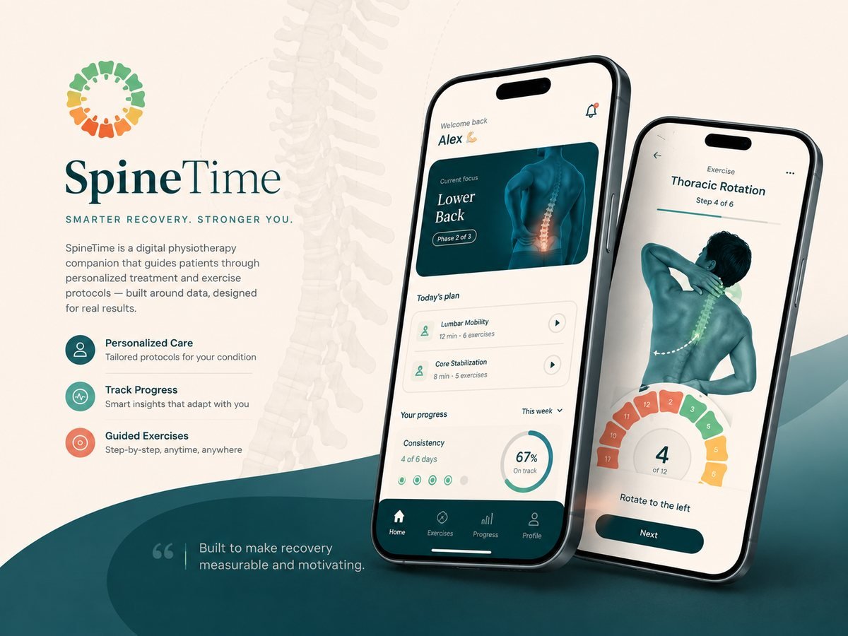 SpineTime mobile app: a home screen with the current focus, today’s plan and weekly progress, and a guided exercise step with a pain scale