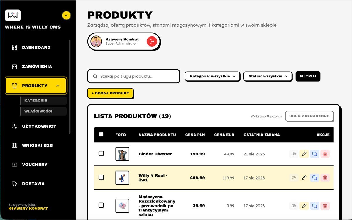 Where is Willy CMS: product list with PLN and EUR prices, filters, actions and the menu - orders, products, users, B2B applications, vouchers, delivery