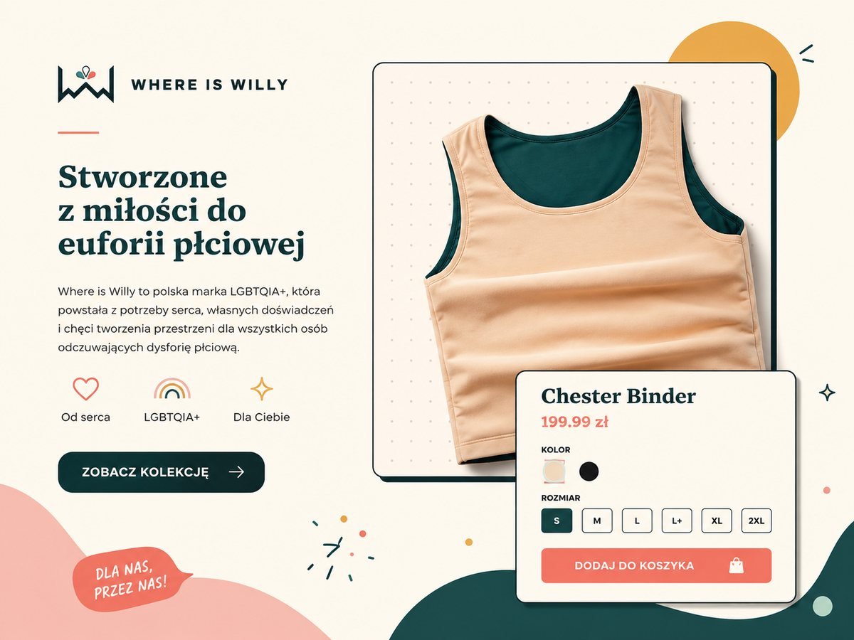 Where is Willy shop: the “Created out of love for gender euphoria” headline and a Chester binder product card with colour and size options